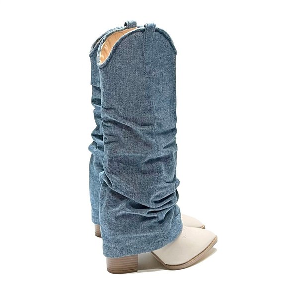 New Blue Denim Cowboy Fold Over Knee High Tall Boots - Picture 5 of 5